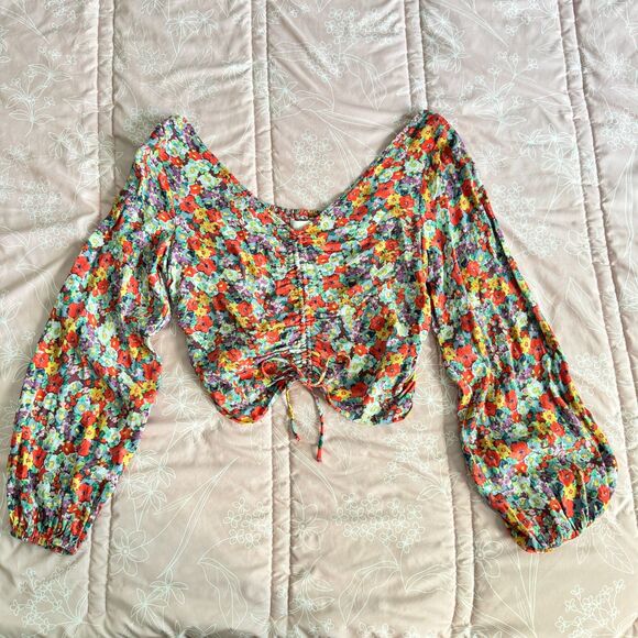 Floral Print Blouse With Drawstring Long Balloon Sleeves Size Large H&M - Picture 1 of 9
